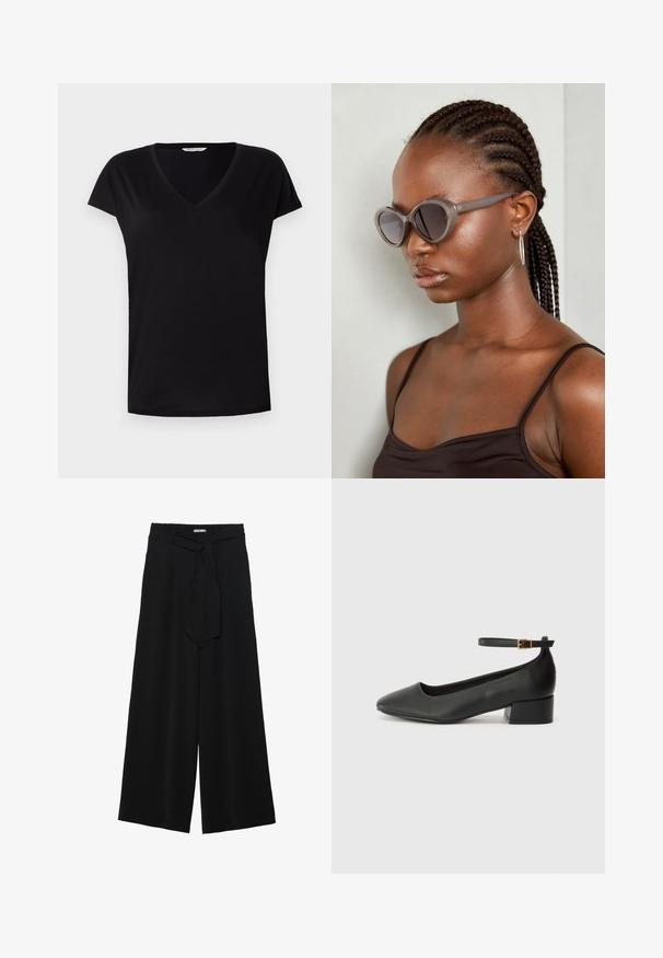 Svart kortärmad V-ringad t-shirt i smidigt tyg. Har en klassisk passform med en subtil söm längs halsringningen och ärmarna.; Svarta vida byxor med texturerad tyg, elastisk midja och en avtagbar käppknut i midjan för justerbar passform.; Svart läderpump med spetsig tå och en låg klack. Har en ankelsnodd med en guldtonad spänne. Slät textur.; Grå överdimensionerade solglasögon med rundad form och mörka linser. Slank plastbåge med en slät yta. Modellen har flätat hår.