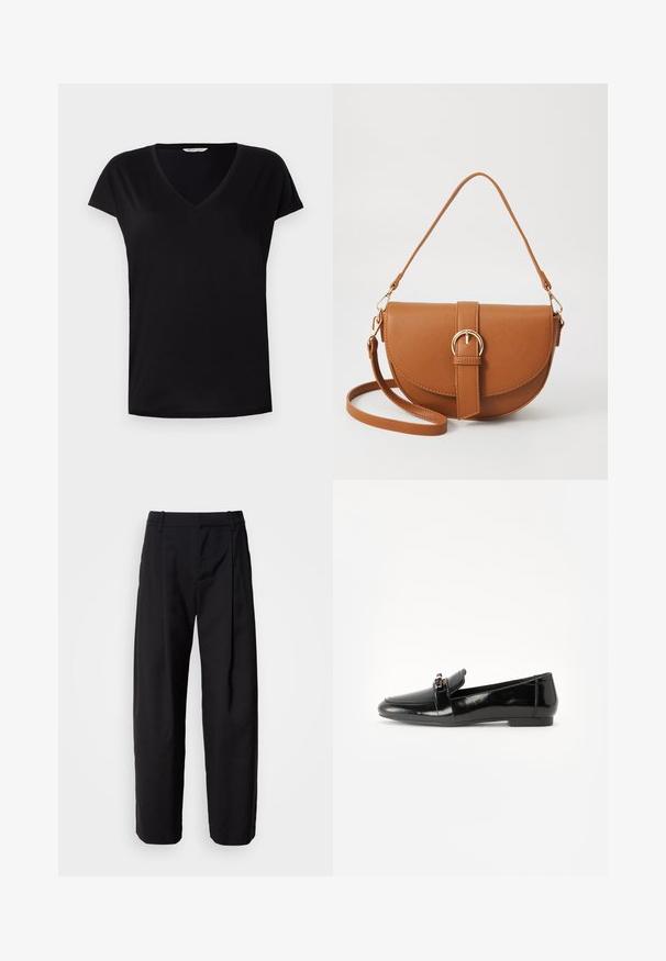 Čierne tričko s krátkym rukávom a výstrihom do V, vyrobené z hladkej látky. Má klasický strih s jemným švom pozdĺž výstrihu a rukávov.; Čierne nohavice s voľným strihom, plisovaným predným dielom a pútkami na opasok. Hladká tkanina a rovné nohy, obsahujúce bočné vrecká.; Čierne lakované kožené mokasíny s rovnou podrážkou, zaoblenou špičkou a ozdobným pásikom s akcentom v zlatej farbe. Hladký, lesklý povrch.; Hnedá kožená kabelka cez telo s zakriveným tvarom, zlatými kovovými doplnkami a akcentom s prackou. Obsahuje odnímateľný ramenný popruh.