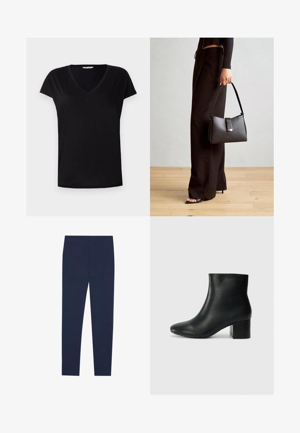 Maglietta nera a maniche corte con scollatura a V realizzata in tessuto morbido. Presenta un taglio classico con una cucitura sottile lungo il colletto e le maniche.; Pantaloni blu navy realizzati in tessuto liscio, caratterizzati da un design a gamba dritta e un davanti piatto. Nessun motivo o accento visibile.; Stivali neri in pelle fino alla caviglia con punta appuntita e tacco spesso. Texture liscia con minimi dettagli e un design elegante e aderente.; Borsa nera con forma strutturata, texture liscia e una chiusura metallica. Abbinata a pantaloni neri larghi e sandali open-toe su un pavimento in legno.