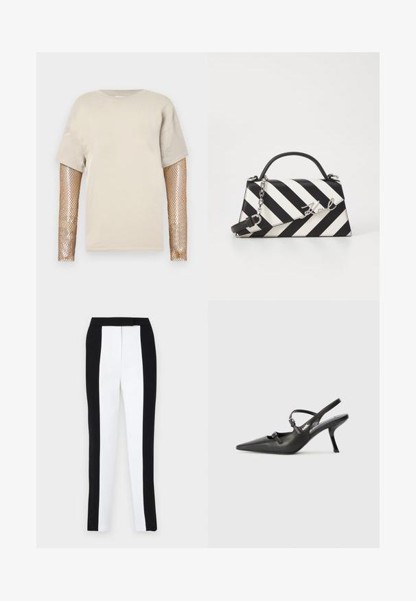 Beige T-Shirt mit kurzen Ärmeln und langen Ärmeln aus metallic goldenem Fischernetz. Der Stoff ist glatt, und das Design umfasst einen runden Halsausschnitt.; Schwarz-weiße tapered Hosen mit schlankem Schnitt und kontrastierenden Paneelen. Der Stoff hat eine glatte Textur; der Bund ist flach und enganliegend.; Schwarzlederne Slingback-Absätze mit spitzer Zehenform, schlankem Absatz und dekorativem Schnallendetail auf dem Blatt. Glatte Textur und elegantes Design.; Schwarz-weiße gestreifte Handtasche mit strukturierter Form, ausgestattet mit einem oberen Griff, einem abnehmbaren Kettenriemen und einem metallischen Logo-Detail.