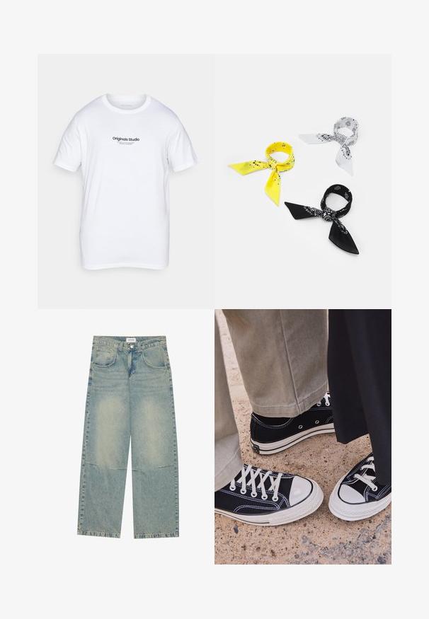 Biela bavlnená tričko s krátkymi rukávmi. Na prednej strane sa nachádza čierny potlačený logo "Originals Studio". Klasický dizajn s okrúhlym výstrihom.; Svetlo modré široké džínsy vyrobené z denimu, obsahujúce dve predné vrecká, zapínanie na gombík a vybledlý vzhľad s viditeľným prešívaním.; Čierne plátené tenisky s bielymi gumenými špičkami a šnúrkami. Kontrastné švy a kovové očká pridávajú detail. Nosené s béžovými nohavicami a čiernou látkou.; Tri zástery: jedna žltá s čiernymi vzormi, jedna biela s čiernymi dizajnmi a jedna čierna s bielou grafikou. Všetky sú štvorcové, z ľahkej látky.