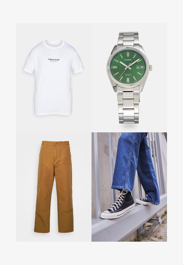 Bílá bavlněná tričko s krátkým rukávem. Na přední straně se nachází černě potištěné logo "Originals Studio". Klasický design s kulatým výstřihem.; Hnědé bavlněné pracovní kalhoty s rovnými nohavicemi, které mají přední kapsy a kovové detaily pro zvýšenou odolnost.; Černé vysoké tenisky s bílou podrážkou a tkaničkami, v kombinaci s volnými modrými džíny, odpočívající na šedém zábradlí.; Stříbrné nerezové hodin s kulatým zeleným ciferníkem, stříbrnými značkami hodin, zobrazením data a kovovým náramkem. Vodotěsné do hloubky 50 metrů.