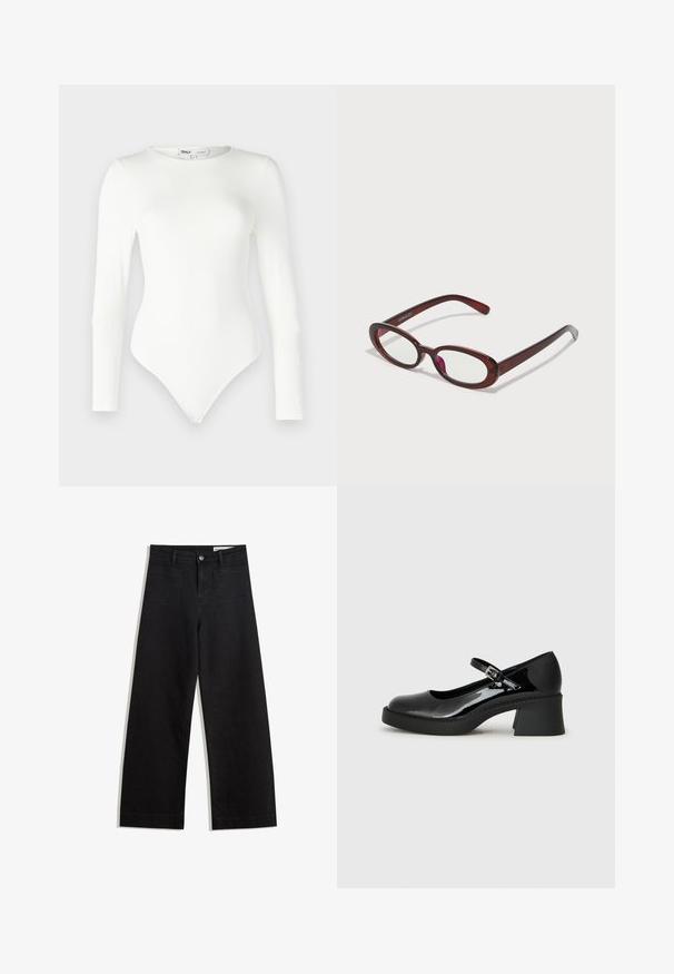 ONLY Petite ONLLONE BODYSTOCKING - Bluză cu mânecă lungă - cloud dancer; Pantaloni din denim negri cu picioare largi, cu talie înaltă, având buzunare frontale și posterioare, cusături dublate și închidere cu nasture. Textură netedă.; Pantofii Mary Jane din piele patent neagră cu vârful rotund, curea ajustabilă și toc pătrat gros. Au o talpă texturată.; Ochelari de soare roșii, în formă ovală, cu lentile transparente și rame elegante de culoare maro. Designul prezintă curbe subtile și minim de accesorii.; Geantă de mână din piele neagră, cu două mânere scurte și o curea de umăr detasabilă. Dispune de un buzunar frontal cu fermoar și accente din metal. Suprafață texturată.