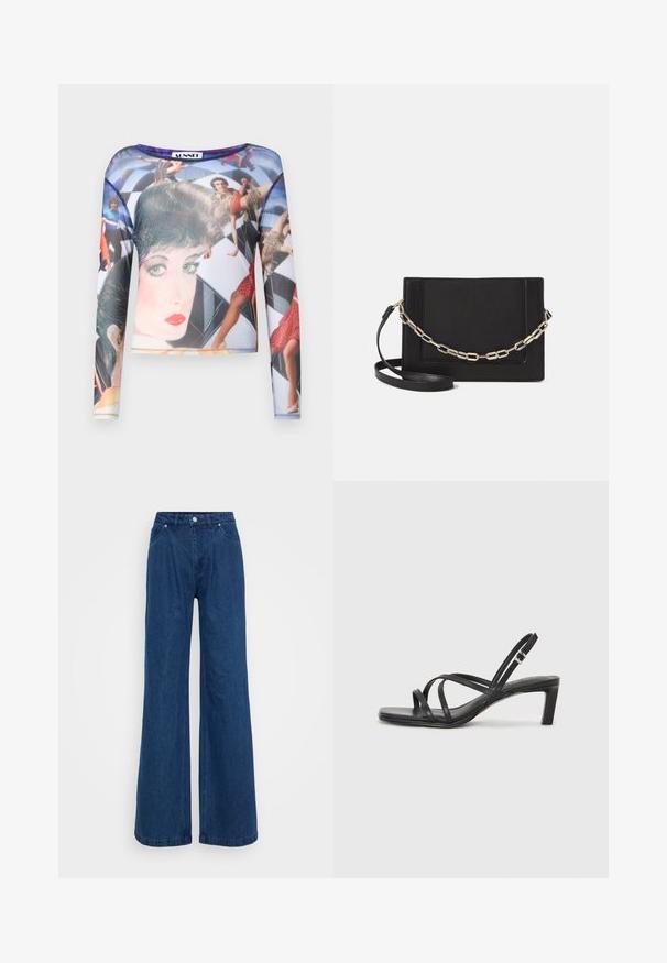 Long-sleeve mesh top featuring a colorful graphic print of figures on a geometric background. Smooth texture with a round neckline.; Wide-leg blue denim jeans with a high waist, front button and zipper closure, and front and back pockets against a plain background.; Black strappy sandal with a square toe and a low block heel. Features multiple thin straps and an adjustable ankle strap. Made of smooth leather.; Black leather crossbody bag featuring a smooth texture, rectangular shape, and a metallic chain detail on the front. Adjustable strap included.