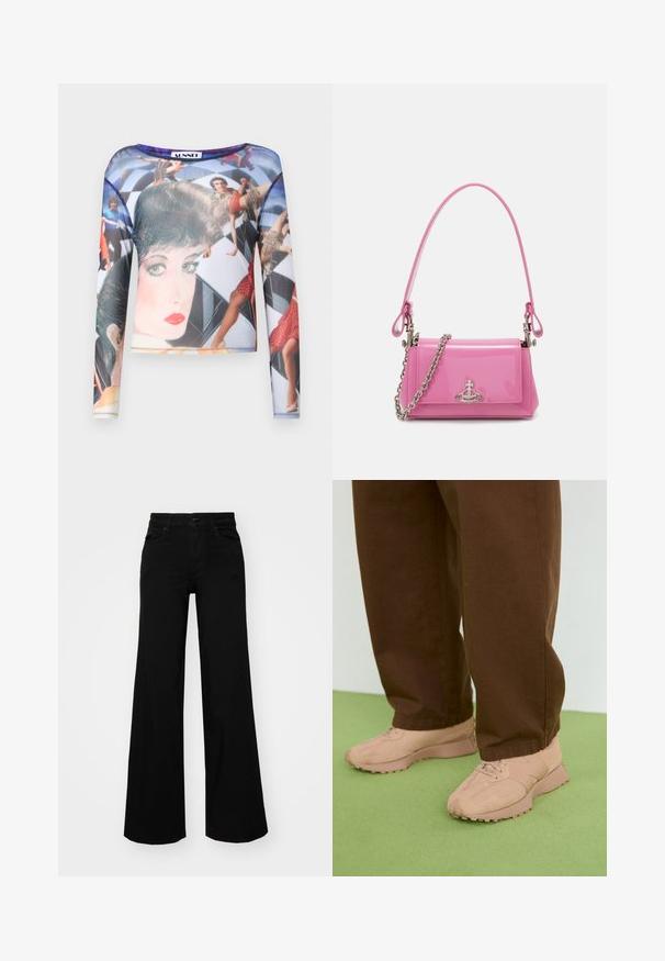 Long-sleeve mesh top featuring a colorful graphic print of figures on a geometric background. Smooth texture with a round neckline.; Black wide-leg pants made of denim, featuring a structured waistband, belt loops, and front pockets. Smooth texture with a classic design.; Light pink sneakers with textured suede and mesh upper, round toe, lace-up design, and rugged rubber soles. Worn with brown baggy pants.; Pink patent leather handbag with a rectangular shape, detachable chain strap, and silver hardware detail on the front.