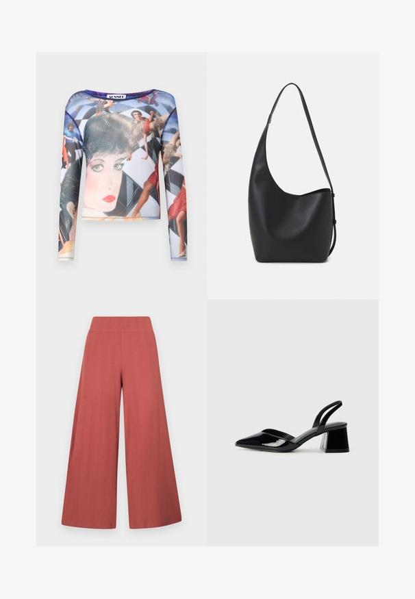 Long-sleeve mesh top featuring a colorful graphic print of figures on a geometric background. Smooth texture with a round neckline.; Wide-leg trousers in a rust color, made from textured fabric with vertical ribbing. Features a high, elastic waistband.; Black patent leather slingback heels with a pointed toe and a geometric block heel. Features a sleek, minimal design and smooth texture.; Black leather hobo bag with a smooth texture, curved shape, and single adjustable strap; features a wide opening at the top.