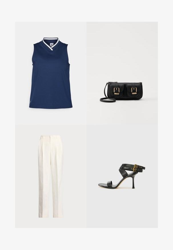 Mornarska brezrokavnik s V-izrezom, izdelan iz gladkega materiala. Ima kontrastno belo obrobo okoli ovratnika in majhen logotip na robu.; Polo Ralph Lauren HEMP WIDE LEG PANT - Hlače - nevis; Črne sandale na peto z križnimi trakovi in prilagodljivo zaponko. Imajo gladko teksturo in zožen peto.; Črna usnjena torbica čez ramo z dvema sprednjima žepoma, zlatimi zaponkami, zadrgo in ozkim pasom. Tekstura površine je strukturirana, obliko pa ima kompaktno pravokotno.