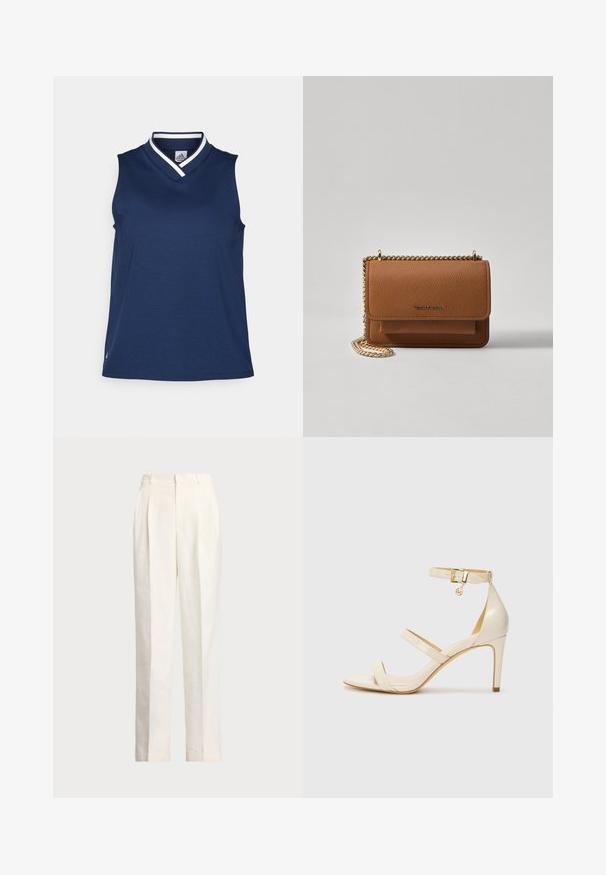 Tengerészkék ujjatlan felső V-kivágással, sima anyagból készült. Kontrasztos fehér gallér díszítéssel és egy kis logóval az alján.; Polo Ralph Lauren HEMP WIDE LEG PANT - Nadrágok - nevis; Beige magassarkú szandál vékony bokapánttal és két felső pánttal. Fényes lakk felület és arany hardware részlet a bokapánton.; Barna textúrájú bőr keresztbody táska arany lánc pánttal és fedélzárral. Az elején logó részlet és egy zseb található a fedél alatt.