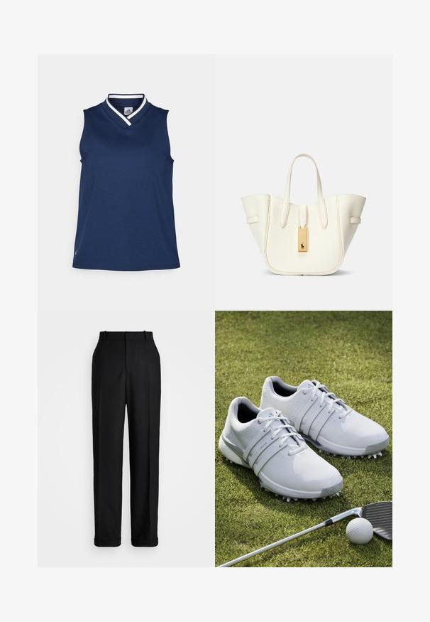Navy sleeveless top with a v-neckline, made from a smooth fabric. Features a contrasting white collar trim and a small logo on the hem.; Polo Ralph Lauren HIGH RISE RELAXED STRAIGHT TROUSER - Trousers - black; White golf shoes with synthetic upper, textured panels, and lace-up design. Features prominent outsole spikes and cushioned insoles.; White leather tote bag with a structured shape, prominent stitching, gold hardware tag, and dual handles. Textured surface with side pockets.