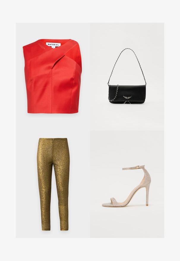 Top roșu scurt cu un decolteu asimetric unic, realizat dintr-un material neted. Prezintă pliuri subtile și nu are închideri vizibile.; Ciorapi metalici aurii cu un model texturat de dungi verticale. Materialul are un finisaj lucios și o siluetă subțire, ajustată.; Sandale cu toc înalt, cu curelușe, de culoare aurie metalizată, având un toc texturat, vârful deschis și curea pe gleznă cu detalii din aur.; Geantă de mână din piele neagră cu un lanț din argint, având accente decorative în formă de aripi și cusături albe de-a lungul cusăturii de jos.