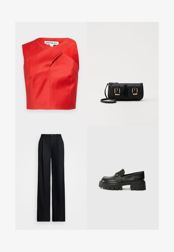 Top roșu scurt cu un decolteu asimetric unic, realizat dintr-un material neted. Prezintă pliuri subtile și nu are închideri vizibile.; Pantaloni negri cu picioare largi, prezentând un finisaj neted, față plată, bucle pentru curea și un închidere cu un singur buton la talie.; Mocasini negri din piele cu o talpă groasă, având un accent aurit în față și un finisaj neted. Design cu ștanțare groasă pe talpă.; Geantă neagră din piele, tip crossbody, cu două buzunare frontale, catarame aurii, închidere cu fermoar și o curea subțire. Suprafață texturată și formă rectangulară compactă.