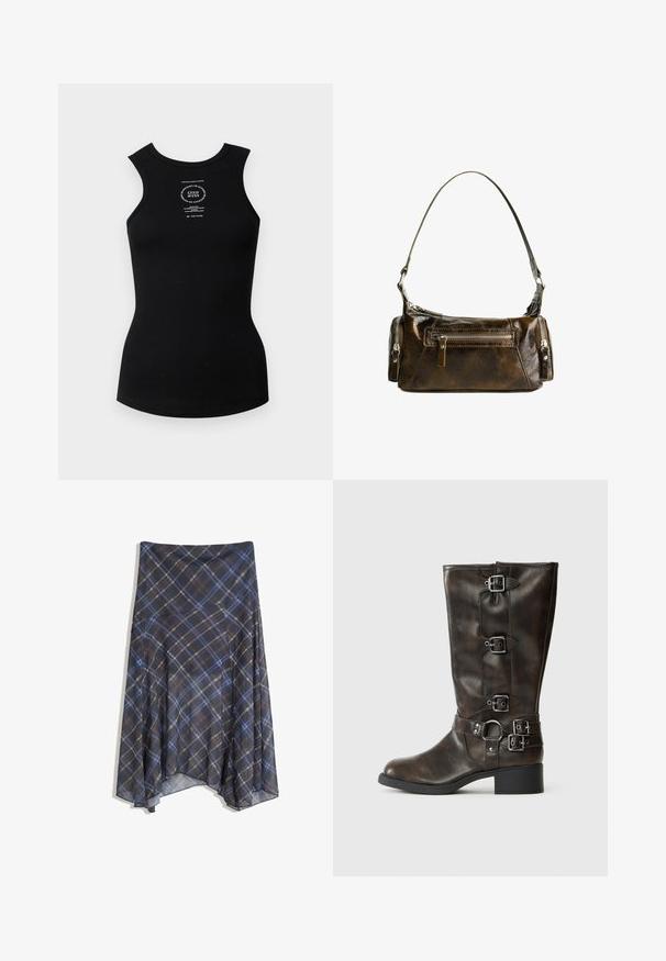 Črni rebrasti top s posadnim izrezom in brezrokavnim dizajnom. V središču ima bel natisnjen logotip. Gladka tekstura.; Črna karirana krila z modrimi in rjavimi črtami, tekoče oblikovanje, srednje dolžine, izdelano iz lahkega materiala z gladko teksturo.; Rjave usnjene čizme do kolen z več zaponkami, okroglo konico in nizko debelo peto. Imajo teksturiran zaključek in nastavljive trakove.; Rjava usnjena torbica s ukrivljeno obliko, srebrnim okovjem in dvema žepoma na sprednji strani z zadrgo. Vključena je nastavljiva naramnica.