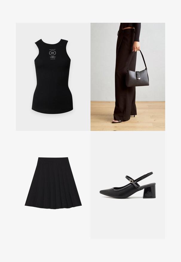 Zwarte geribbelde tanktop met een ronde halslijn en zonder mouwen. Heeft een wit gedrukt logo in het midden. Soepele textuur.; Zwarte plisseerok van een gestructureerde stof met een aansluitende tailleband. Valt tot op de knie en heeft een gladde, strakke silhouette.; Zwarte gepolijste leren slingback hakken met een spitse neus, een ronde uitsnede en een blokhak. Voorzien van een gouden gespaccent.; Zwarte handtas met gestructureerde vorm, gladde textuur en een metalen sluiting. Gecombineerd met brede zwarte broeken en sandalen met open teen op een houten vloer.