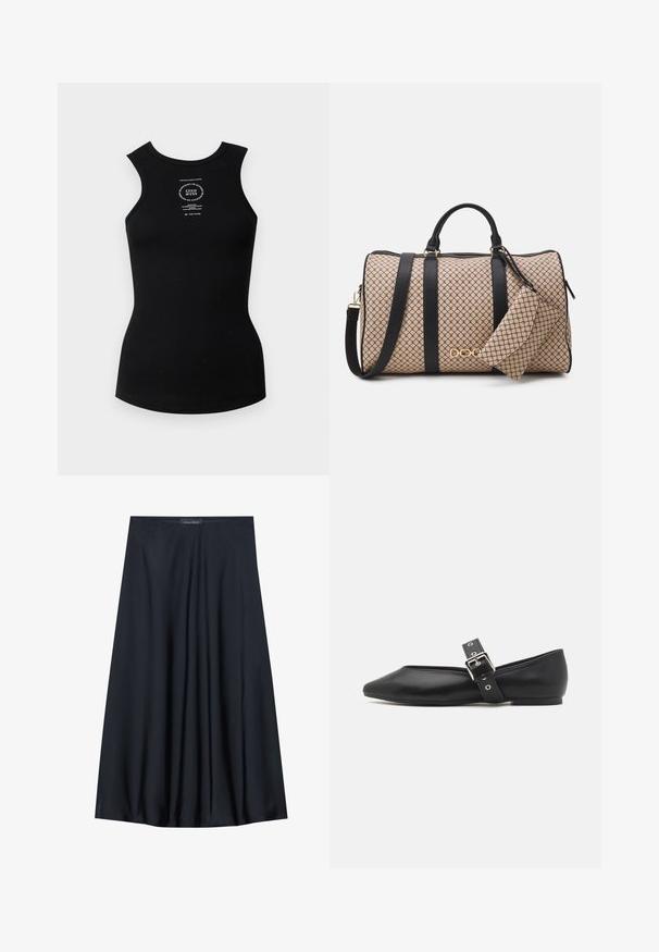 Zwarte geribbelde tanktop met een ronde halslijn en zonder mouwen. Heeft een wit gedrukt logo in het midden. Soepele textuur.; Zwarte, knielange rok van lichtgewicht stof met een vloeiende uitstraling. Kenmerkt zich door een gladde textuur en subtiele plooien voor extra detail.; Zwarte leren platte schoen met een spitse neus, zijkantband met een zilveren gesp en een lage hak. Soepele textuur en minimalistisch ontwerp.; Dufflebag met een beige patroon aan de buitenkant, zwarte leren banden, gouden hardware en een kleine bijpassende pouch die eraan vastzit. Gestructureerd ontwerp.; Gouden rechthoekige polshorloge met een witte wijzerplaat, zilverkleurige uurmarkeringen en een duurzame metalen schakelarmband. Inclusief waterdichte functie.