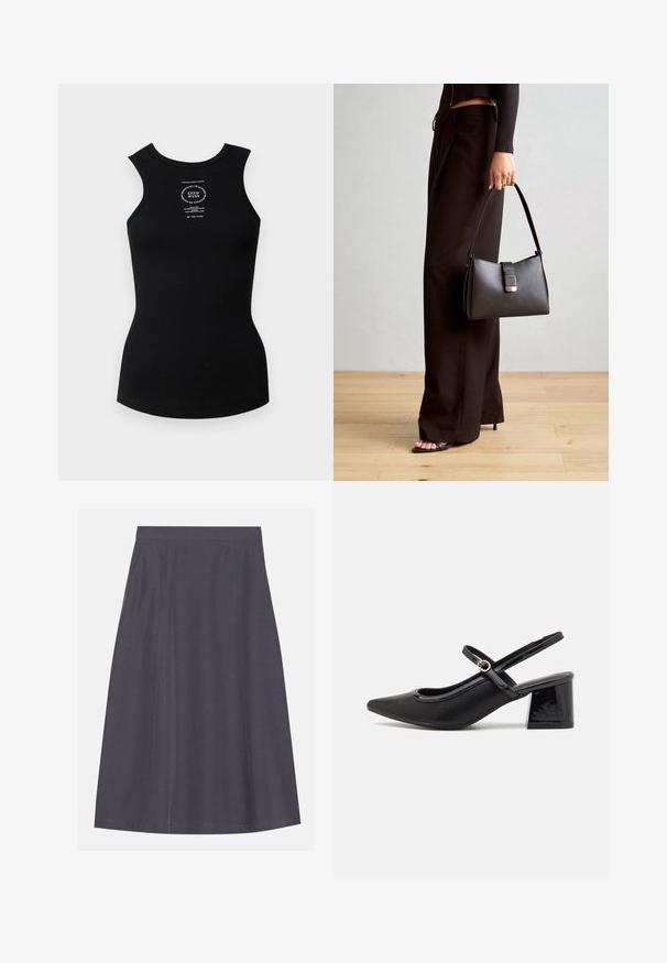 Fekete, bordázott ujjatlan trikó, kerek nyakkivágással. Középen fehér nyomtatott logó található. Sima textúrájú.; A-vonalú, sötétszürke szoknya sima anyagból, oldalsó zsebekkel, tiszta derékrésszel és finom varrási részletekkel.; Fekete lakk bőr, pántos magassarkú cipő, hegyes orral, lekerekített kivágással és tömbsarkal. Arany színű csat díszíti.; Fekete kézi táska strukturált formával, sima textúrával és fémből készült záródással. Széles fekete nadrággal és nyitott orrú szandállal párosítva, fából készült padlón.