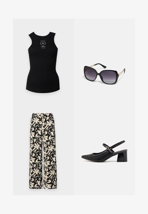 Musta ribbed-naftali toppi, jossa on pyöreä pääntie ja hihattomuus. Keskellä on valkoinen painettu logo. Sileä rakenne.; Mustat leveälahkeiset housut, joissa on kermaisen värinen kukkakuosi. Valmistettu kevyestä kankaasta, jossa on sileä pinta ja korkea vyötärö.; Musta lakattu nahka slingback-korkokengät, joissa on terävä kärki, pyöreä aukko-muotoilu ja lohkokorko. Varustettu kultasävyisellä solkiyksityiskohdalla.; Mustat ylisuurten kehysten aurinkolasit, joissa on liukuväri-linssit, paksut kehykset ja kultasävyiset ketjustuskoristeet temppeleissä.; Musta käsilaukku, jossa on rakenteellinen muoto, sileä pinta ja metallinen solki. Yhdistetty leveisiin mustiin housuihin ja avonaiheisiin sandaaleihin puulattialla.