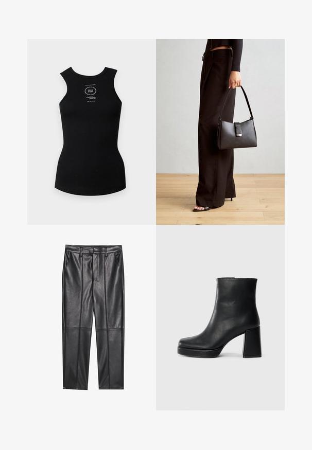Black ribbed tank top with a crew neckline and sleeveless design. Features a white printed logo in the center. Smooth texture.; Black leather trousers with a smooth texture, featuring a straight fit, two front pockets, and visible seam detailing.; Black leather ankle boot with a block heel and platform sole, viewed from the side on a plain white background.; Black handbag with structured shape, smooth texture, and a metallic clasp. Paired with wide black pants and open-toe sandals on wooden floor.