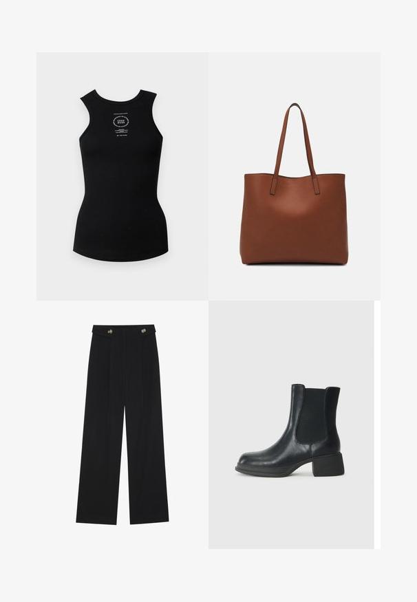 Sort ribbet tanktop med rund halsudskæring og ærmeløs design. Har et hvidt trykt logo centralt. Glat tekstur.; Sorte vide bukser med høj talje, knapdetaljer på taljebåndet og frontfald.; Sort læder ankelstøvle med elastiske sidepaneler, rund tå og en lav blokhæl. Overfladen har en glat struktur og minimal detaljer.; Brun læder tote taske med en glat overflade, åben topdesign og to skulderremme. Har minimal syning og ingen synlig hardware.