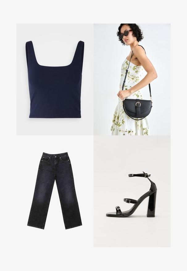 Marineblå crop top lavet af blødt bomuldsstof, med firkantet udskæring og brede skulderstropper, der har en tætsiddende silhuet.; Højtaljede sorte denim jeans med en bred benklip, fem-lomme design og synlig syning. Stoffet har en glat, let tekstureret finish.; Sorte patenterede hælsandaler med firkantet tå, ankelremme og sølvspænder. Har en chunky blokHæl for stabilitet.; Sort læderhåndtaske med en buet form, aftagelig rem og guldfinish. Tasken har en klap med en spænde detalje.