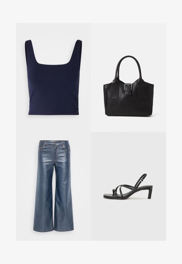 Tamno plava kratka majica od glatkog pamučnog materijala s kvadratnim izrezom i širokim naramenicama, s prilagođenim krojem.; Široke traperice u tamnoplavoj boji, s glatkom teksturom, dizajnom s pet džepova i kontrastnim šavovima. Prednje zatvaranje na dugme i patentni zatvarač.; Crne sandale s trakama, kvadratnim prstom i niskom blok petom. Ima više tankih trakica i podesivu trakicu oko gležnja. Izrađene su od glatke kože.; Crna kožna torba za nošenje s glatkom teksturom, strukturiranim oblikom, dvije ručke i istaknutim srebrnim kopčanjem na prednjoj strani.