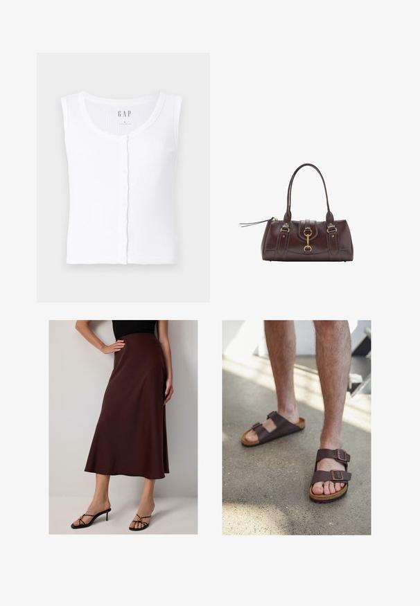 Camiseta sin mangas blanca de canalé con escote redondeado, que presenta un cierre de botones en la parte delantera. La tela es suave y tiene una textura lisa. Etiqueta de la marca: GAP. Talla: S.; Falda de satén marrón, hasta la rodilla, con una silueta acampanada. Presenta una textura suave y un diseño de cintura alta, complementada con sandalias de tacón negro.; Sandalias de cuero marrón con dos hebillas ajustables, planta de corcho y suela de goma texturizada, usadas sobre pies descalzos contra un suelo de hormigón.; Bolso de cuero marrón oscuro con dos asas superiores, acentos en hardware dorado, un detalle de cierre frontal y texturas cosidas en los laterales.