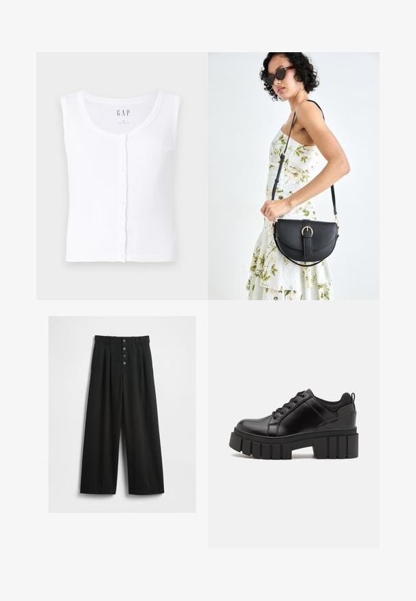 Vit ribbad linne med rundad halsringning, som har knäppning fram. Tyget är mjukt med en slät yta. Märkesetikett: GAP. Storlek: S.; Vida svarta byxor med vida ben, tillverkade av ett texturerat tyg. Har hög midja, framknäppning med fem knappar och pressade vecken för extra detalj.; Svarta läderplattformsskor med en kraftig blockklack, rund tå och traditionell snörningsdesign. Har en slät textur och minimal detaljering.; Svart läderhandväska med en böjd form, avtagbar rem och guldiga detaljer. Väskan har ett lock med en spänndetalj.