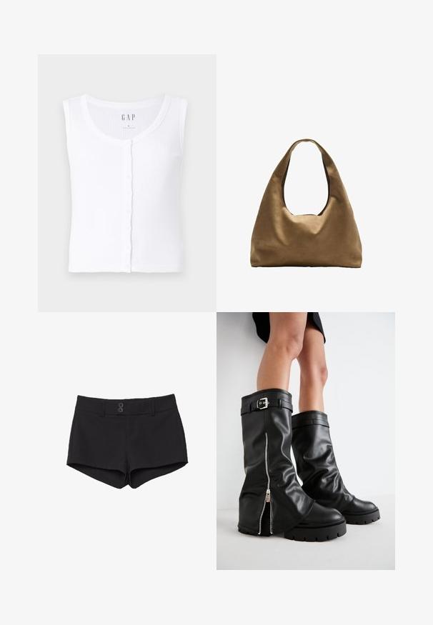 Top bianco a coste con scollo rotondo, dotato di chiusura anteriore a bottone. Il tessuto è morbido e con una texture liscia. Etichetta del marchio: GAP. Taglia: S.; Pantaloni neri corti realizzati in un tessuto dalla texture liscia. Presentano un elastico in vita, due tasche frontali e due bottoni neri di chiusura nella parte anteriore.; Stivali alti neri in pelle con alti fianchi, dotati di cerniera laterale e accentuato con fibbia, finitura testurizzata e suola in gomma spessa.; Borsa a spalla in tessuto marrone con un corpo ampio e arrotondato e una grande maniglia a taglio. Texture morbida, design minimalista e senza hardware visibile.