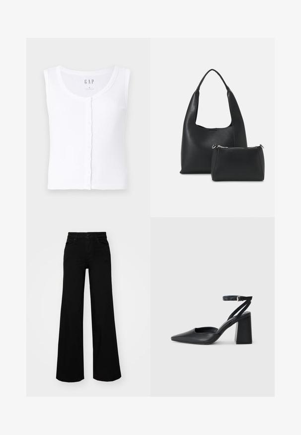 Débardeur blanc côtelé avec un décolleté en scoop, présentant une fermeture à bouton sur le devant. Le tissu est doux avec une texture lisse. Étiquette de marque : GAP. Taille : S.; Pantalons large en denim noir, dotés d'une taille structurée, de passants de ceinture et de poches avant. Texture lisse avec un design classique.; Escarpin noir en cuir à bout pointu avec une bride de cheville et un talon épais. Texture lisse, design élégant et esthétique minimaliste.; Even&Odd Sac à main - black