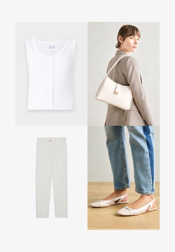 Top alb cu nervuri, fără mâneci, cu decolteu rotund, prevăzut cu închidere cu nasturi în față. Materialul este moale, cu o textură netedă. Etichetă de brand: GAP. Mărime: S.; Pantaloni albi, croiți, cu un design drept al piciorului, având sistem de închidere cu nasture, bucle pentru curea și buzunare laterale; textură de țesătură netedă.; Sandalete plate de un roz pal cu vârf ascuțit, realizate dintr-un material asemănător pielii, neted. Prezintă detalii decupate pe laterale și un toc plat.; Geantă de mână din piele albă cu un design structurat, având o închidere magnetică și un breteau, expusă pe un fundal neutru.