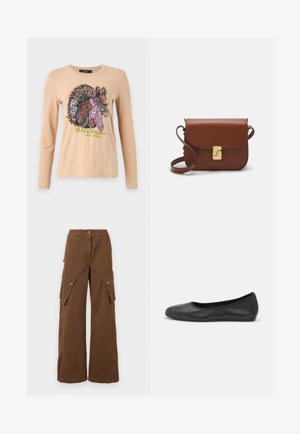 WEEKEND MaxMara OPACO - Longsleeve - sabbia; WEEKEND MaxMara LUCY HALE ELVY - Cargobroek - marrone; Zwarte leren ballerina met een ronde neus, gladde textuur, minimale stikdetails en een flexibele zoolontwerp.; Bruine leren handtas met een klep sluiting, gouden hardware, een schouderband en een gladde textuur. Compact rechthoekige vorm.