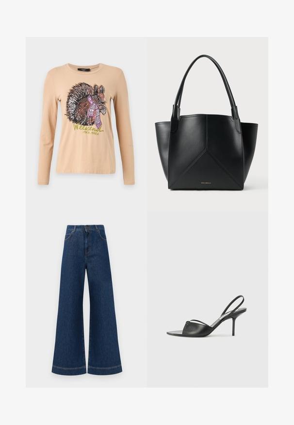 Weekend Max Mara OPACO - Long sleeved top - sabbia; Wide-leg blue denim jeans with a high waist, featuring a button closure, belt loops, and subtle stitching details along the pockets and hems.; Black leather slingback heels with a pointed toe, thin ankle strap, and stiletto heel. Features a knotted detail on the vamp.; Black leather tote bag with a geometric design, featuring two handles and gold branding on the front. Smooth texture and structured shape.