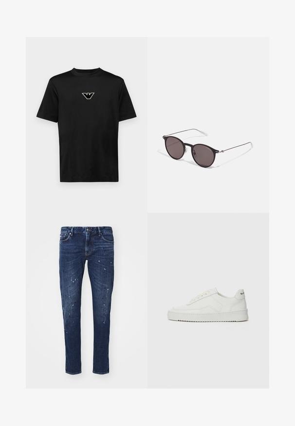 Emporio Armani Nyomott mintás póló - black; Sötétkék, slim fit farmernadrág, festékcseppekkel, látható varrással és klasszikus öt zsebbel. Egyenes szárú fazon.; Fehér bőr sportcipő sima felülettel, kerek orral, lapos fűzőkkel és texturált talppal. Finom logó található a sarokon.; Fekete kerek napszemüveg sötét lencsékkel és karcsú fém szárakkal. Átlátszó szárvégeket és ezüst részleteket tartalmaz az ívnél. Minimalista dizájn.