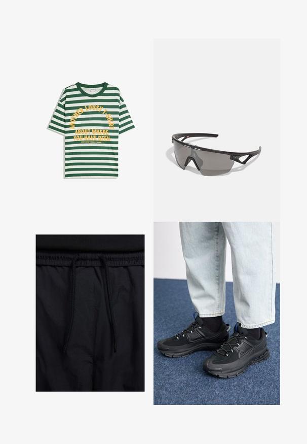Zeleno-bela črtasta majica s kratkimi rokavi, okroglo izrezanimi, in rumenim potiskom: "ŠE EN ZMEŠAN T-SHIRT O TEM, KJER SI BIL."; Črne kratke hlače z vrvico v pasu, lahkotna tkanina z gladko teksturo in preprosto zasnovo brez vidnih logotipov ali vzorcev.; Črne športne čevlje z teksturirano tkanino in gumijastimi podplati, ki imajo elastične vezalke ter modre poudarke na peti. Nosi se z lahkimi denim hlačami.; Športne sončna očala z črnim okvirjem, sivi leči, aerodinamičnim dizajnom in ostrimi oblikami; vključujejo poudarjena templja in nosni nosilec.