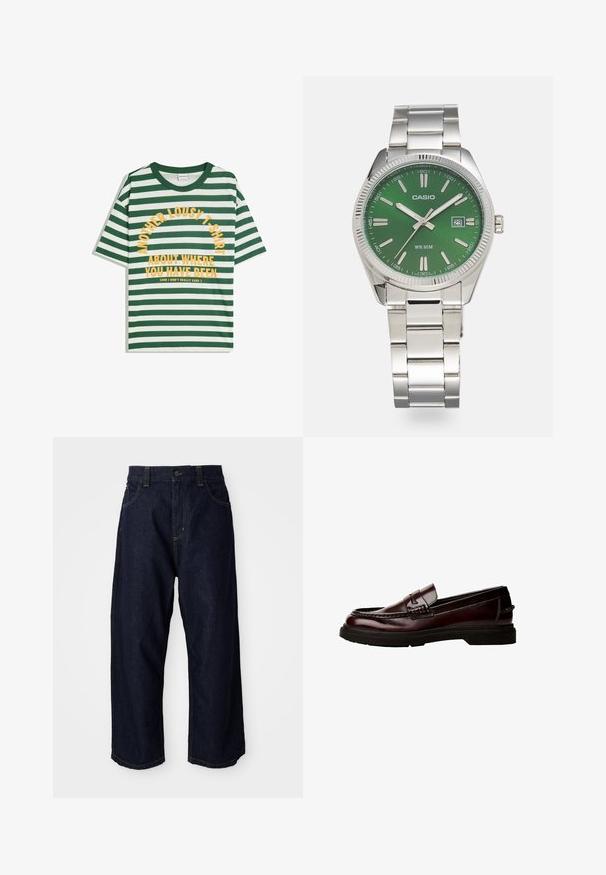 Zeleno-bela črtasta majica s kratkimi rokavi, okroglo izrezanimi, in rumenim potiskom: "ŠE EN ZMEŠAN T-SHIRT O TEM, KJER SI BIL."; Temno modri jeansi z udobnim krojem, z gumbnim zapenjanjem, zankami za pas ter rumenim šivom na žepih in šivih.; Rjave usnjene loafer čevlje z zaobljenim nosom, podrobnim šivanjem in gumijastim podplatom. Imajo okrasni trak in gladko teksturo.; Srebrna ura iz nerjavečega jekla z okroglo zeleno številčnico, srebrnimi oznakami ur, prikazom datuma in kovinskim povezovalnim pasom. Vodoodporna do 50 metrov.