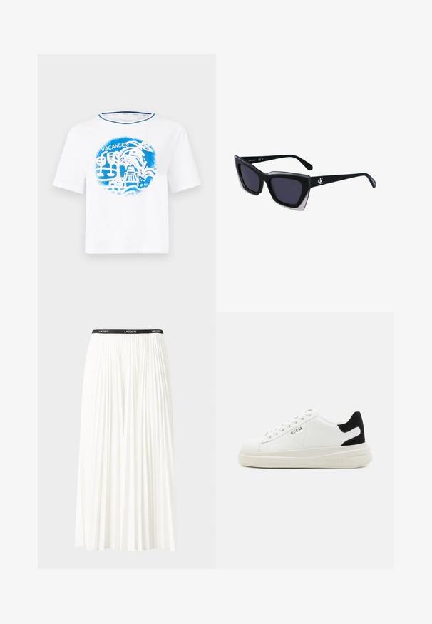 Hvit bomull t-skjorte med et blått grafisk design med tropiske elementer og ordet "VACANCES", kort ermer og rund hals.; Plissert hvit skjørt med en svart elastisk midje som har "LACOSTE"-logoen. Midjelengde design med myk tekstur.; Hvite lær sneakers med tykk hvit såle, svart semsket hælforsterkning og preget logo på siden. Snøresystem med seks hull.; Store svarte solbriller i overdimensjonert størrelse med geometrisk form, med mørke linser og en kontrasterende grå detalj på rammen. Logo på armen.