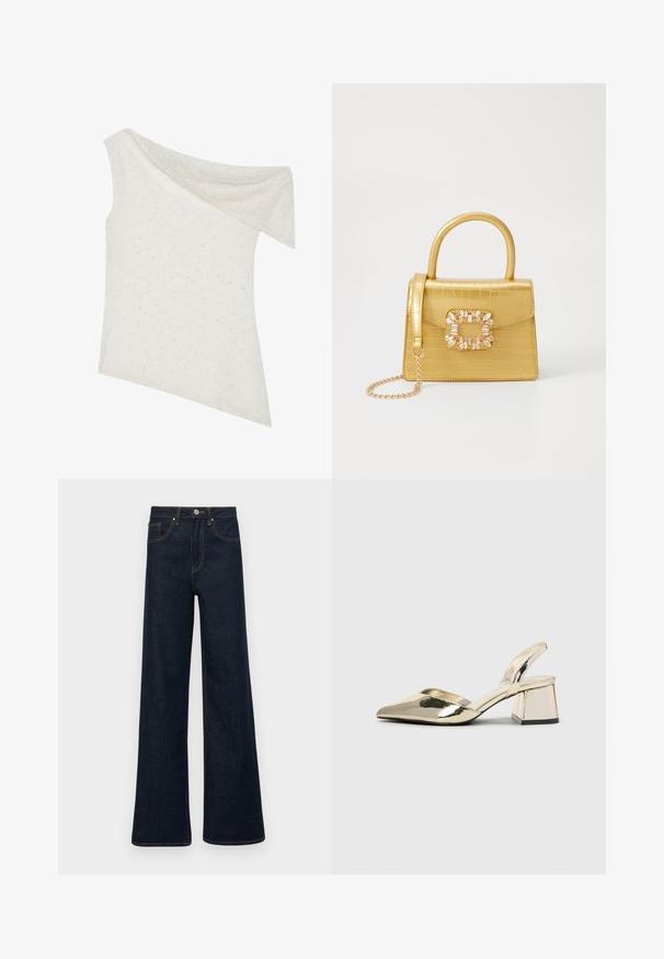 Kreemivärvi õlgadelt avatud pluus, mis on valmistatud tekstuurilisest kangast peente täppidega, asümmeetrilise äärtega ja rippuva kaelusega.; Tumedast sinised laiad teksapüksid, millel on ees taskud, vöökohad ja nööpkinnitus.; Kuldne, metallilised slingback-kudumid terava varba ja paksu kontsaga. Sile tekstuur, minimalistlik disain ja kitsas rihm.; Kollane faux-krokodilli käsipindaga kott, millel on struktureeritud disain, ülemine käepide, eemaldatav kettmass ja dekoratiivne kristallkaunistus klambril.