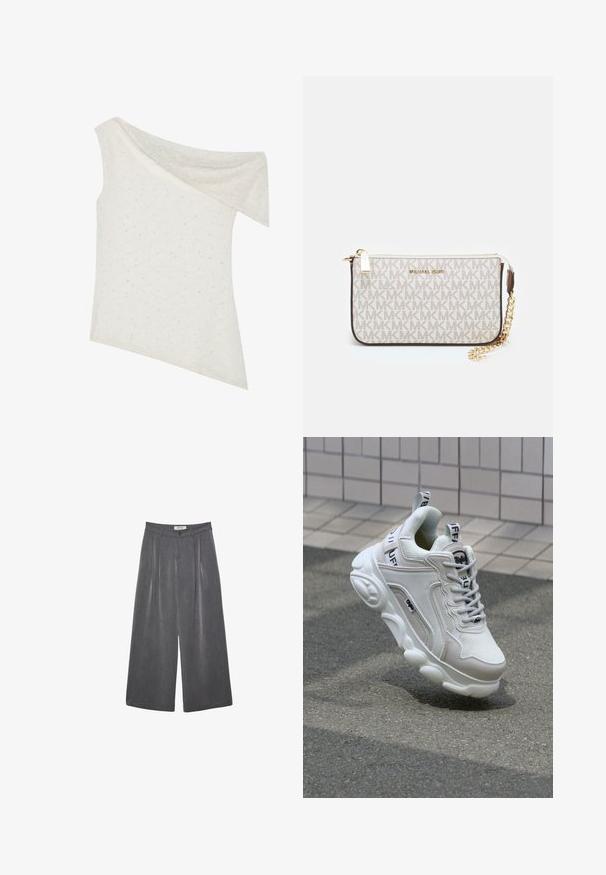 Off-the-shoulder top i creme, lavet af tekstureret stof med subtile prikkemønstre, asymmetrisk kant og draperet halsudskæring.; Plisserede vide bukser i en mørkegrå stof med en subtil tekstur. Har en knaplukning og et klassisk talje-design.; Hvide sneakers med mesh- og lædermaterialer, rund tå, tyk sål, fremtrædende snørebånd og branding på hælen og tungen.; Michael Kors håndleddstropp i beige belagt lær med et gentaget MK-logo mønster, guld hardware og en aftagelig kædestrop.