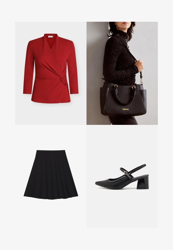Red long-sleeve wrap top featuring a v-neckline, gathered side detail, and smooth texture. Made from lightweight, stretchy material.; Black pleated skirt made of textured fabric with a fitted waistband. Falls to knee length, featuring a smooth, clean silhouette.; Black patent leather slingback heels with a pointed toe, a rounded cutout design, and a block heel. Features a gold-tone buckle accent.; Black handbag with textured surface, dual top handles, and adjustable shoulder strap. Features gold-tone hardware and side pockets.