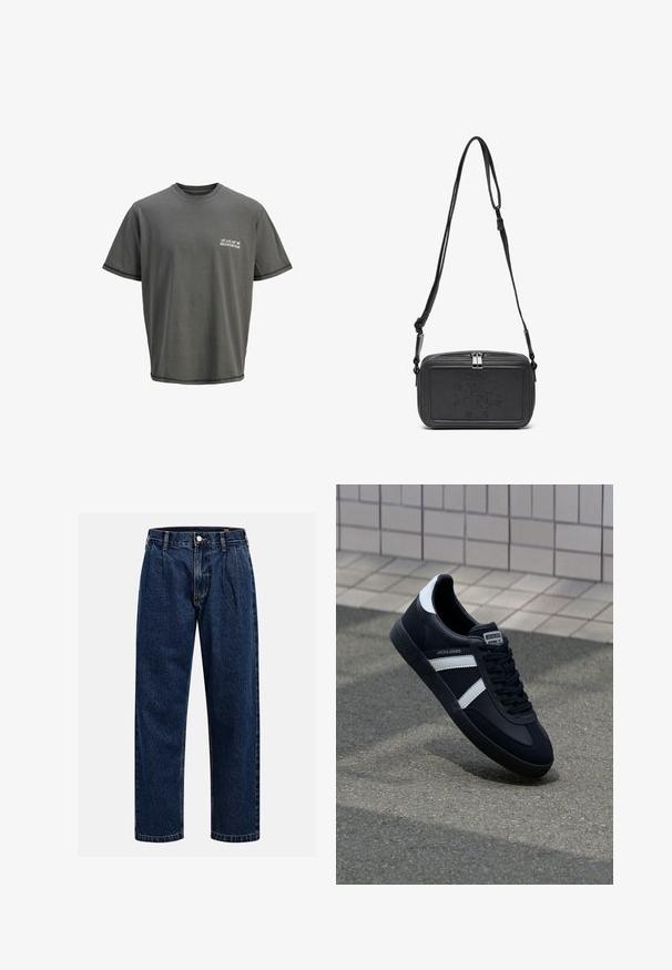 Siva pamučna majica s okruglim izrezom, kratkim rukavima i otisnutim logotipom na lijevoj strani grudi. Ima kontrastne šavove na rubovima.; Tamno plave traperice s ravnim krojem. Imaju vidljivo šivanje, kopčanje na dugme i prednje nabore za dodatne detalje.; Crne kožne tenisice s bijelim prugama, strukturirana gumena potplate i vezanjem sprijeda. Ima oznaku brenda na jeziku.; Crna kožna torbica preko tijela s patentnim zatvaračem, ugraviranim logotipom sprijeda i podesivim remenom. Glatka tekstura s pravokutnim oblikom.