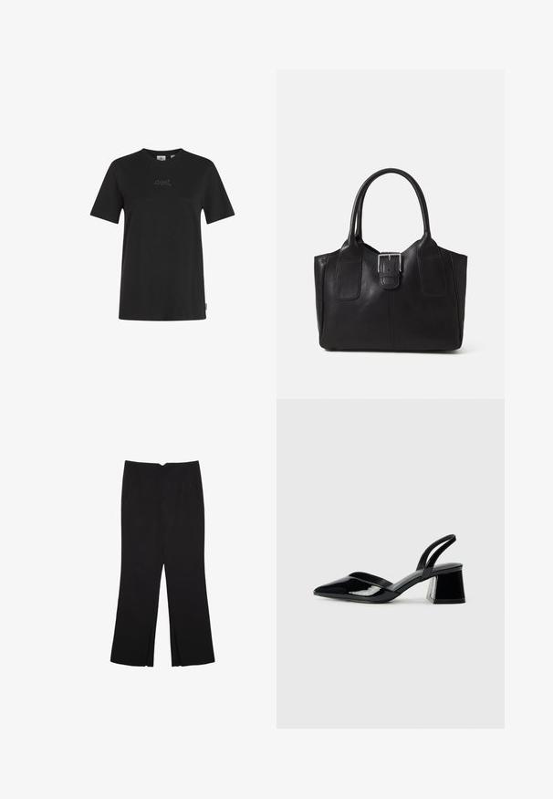 Schwarzes Baumwoll-T-Shirt mit Rundhalsausschnitt, kurzen Ärmeln und dezentem "O'Neill"-Stickdetail auf der Brust. Glatte Textur, klassischer Schnitt.; Schwarze Hose mit geradem Schnitt, ausgestattet mit Fronttaschen und Seitenschlitzen am Saum. Hergestellt aus weichem, glattem Stoff. Geeignet für verschiedene Anlässe.; Schwarze Lackleder-Slingback-High Heels mit spitzem Schuh und einem geometrischen Blockabsatz. Verfügt über ein schlankes, minimalistisches Design und eine glatte Textur.; Schwarze Leder-Tote mit glatter Textur, strukturiertem Design, zwei Griffen und einem auffälligen silbernen Schnallen-Detail auf der Vorderseite.