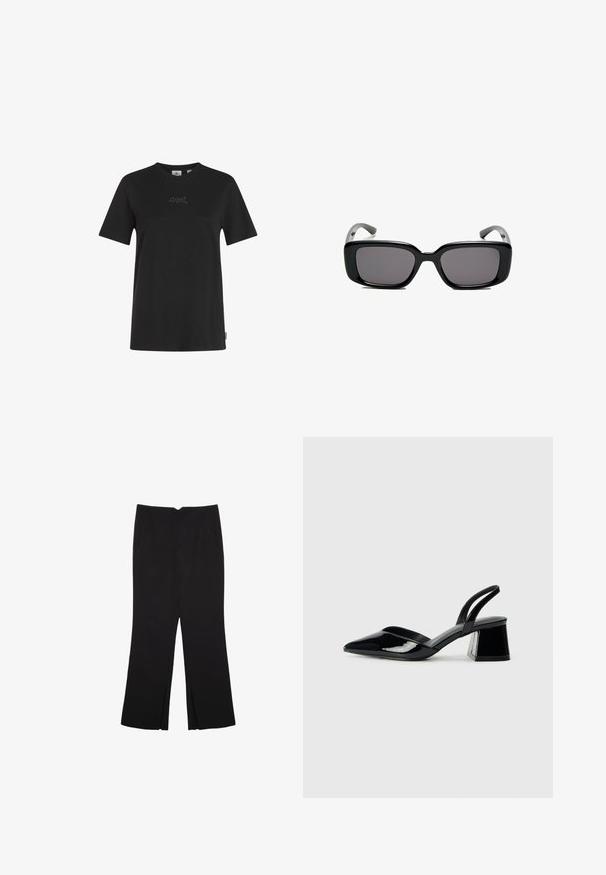 Schwarzes Baumwoll-T-Shirt mit Rundhalsausschnitt, kurzen Ärmeln und dezentem "O'Neill"-Stickdetail auf der Brust. Glatte Textur, klassischer Schnitt.; Schwarze Hose mit geradem Schnitt, ausgestattet mit Fronttaschen und Seitenschlitzen am Saum. Hergestellt aus weichem, glattem Stoff. Geeignet für verschiedene Anlässe.; Schwarze Lackleder-Slingback-High Heels mit spitzem Schuh und einem geometrischen Blockabsatz. Verfügt über ein schlankes, minimalistisches Design und eine glatte Textur.; Schwarze rechteckige Sonnenbrille mit dunklen Gläsern, glattem Kunststoffrahmen und gebogenen Bügeln. Das Design ist klobig mit einer minimalistischen Ästhetik.