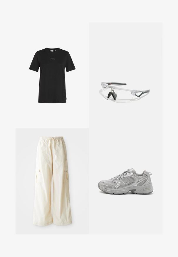 Czarny bawełniany T-shirt z okrągłym dekoltem, krótkimi rękawami i subtelnym haftowanym detalem "O'Neill" na piersi. Gładka tekstura, klasyczny krój.; Szerokie spodnie cargo w jasnobeżowym materiale z elastyczną talią, sznurkiem do regulacji i bocznymi kieszeniami. Gładka faktura z minimalnymi detalami.; Srebrny but sportowy o eleganckim designie, panelach z siateczki, wyściełanym języku, teksturowanej syntetycznej cholewce oraz gumowej podeszwie dla lepszej przyczepności.; Przezroczyste okulary ochronne z lekką, przezroczystą ramką i szarymi akcentami. Posiadają opływowy kształt oraz regulowany nosek.