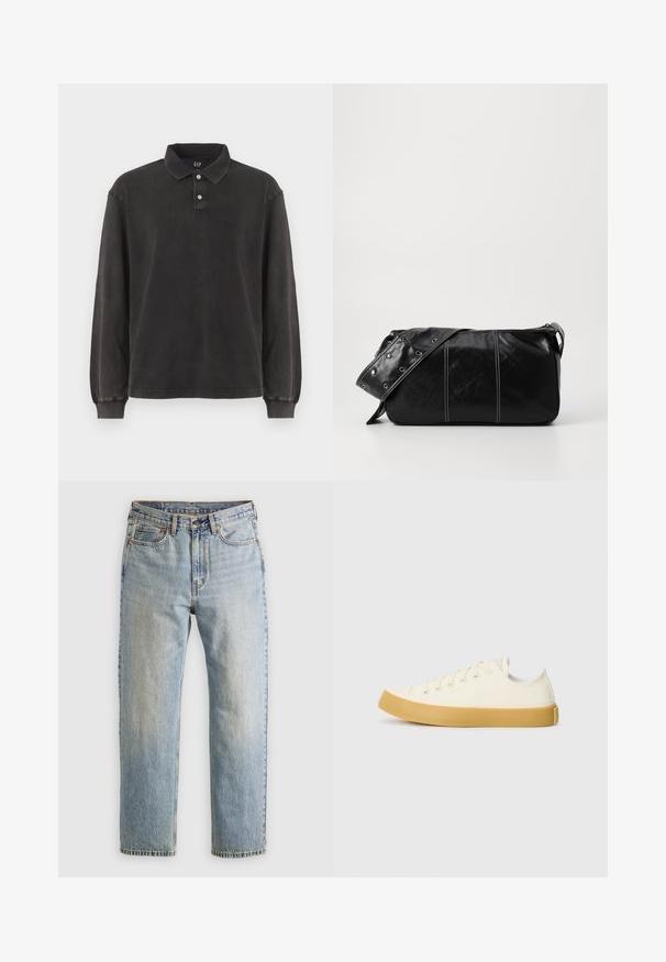 Langarm-Polohemd aus dunkelgrauem Stoff, mit klassischem Kragen, Drei-Knopf-Leiste und gerippten Bündchen. Weicher Stoff mit minimalistischem Design.; Helle blaue Jeans mit hoher Taille, Frontknopf, Reißverschluss und fünf Taschen-Design, flach auf einem neutralen Hintergrund ausgelegt.; Leinensneaker in Off-White mit runder Zehenpartie, ausgestattet mit beigen Gummisohlen und fünf Ösen für Schnürsenkel, mit strukturiertem Finish auf dem Obermaterial.; Schwarze Leder Schultertasche mit Reißverschluss, ausgestattet mit einer strukturierten Oberfläche, weißen Nähten und einem Tragegurt mit silbernen Ösen.