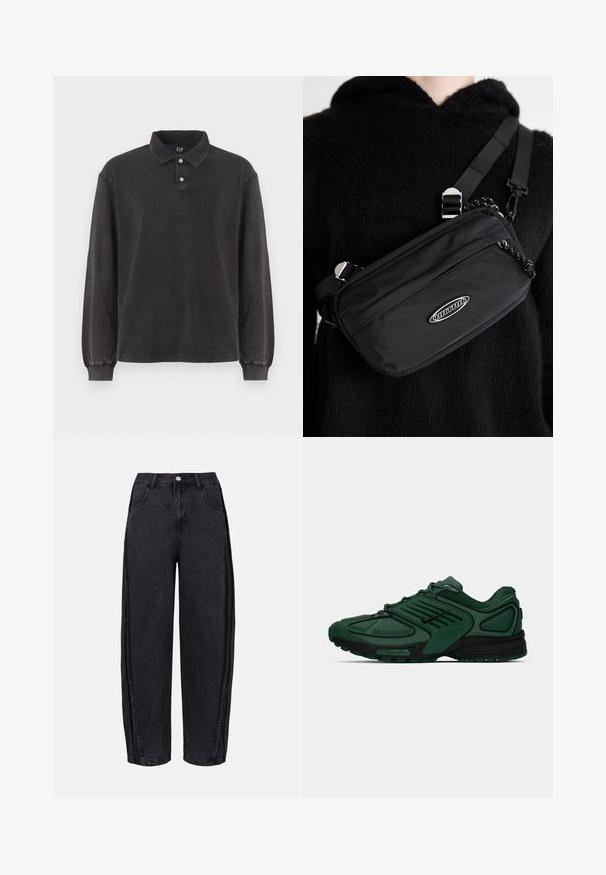 Polo majica s dugimi rukavi v temno sivi barvi, s klasičnim ovratnikom, plaketom s tremi gumbi in rebrastimi manšeti. Mehka tekstura z minimalnim dizajnom.; Črne široke jeans hlače iz denima z gladko teksturo. Imajo visok pas, sprednje žepe in gumbasto zapiranje na pasu.; Temnozeleni Nike tekaški čevlji z črnimi detajli, mrežast zgornji del, vezalke in Nike Air podplat po celotni dolžini, na belem ozadju.; Črn najlon torba za čez ramo z nastavljivim trakom, ki ima gladko teksturo, sprednji žep na zadrgo in akcent z logotipom.