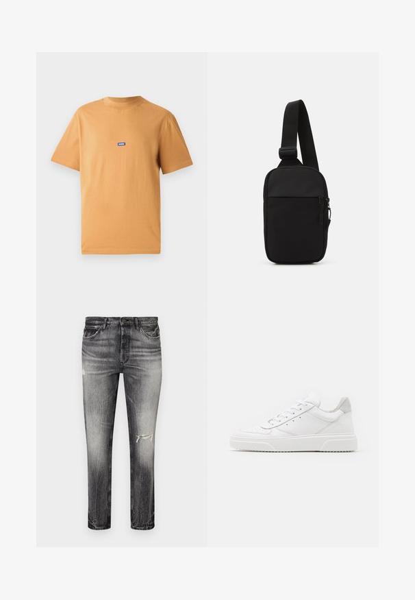 Orange cotton T-shirt with a round neck and short sleeves, featuring a small blue "HUGO" logo patch on the chest. Smooth texture.; Faded black denim jeans with a straight cut, featuring distressed areas, front pockets, and a classic button closure.; White leather sneakers with a smooth finish, rounded toe, flat laces, and a textured sole. Grey suede accent at the heel.; Black crossbody bag made of durable fabric, featuring a single adjustable strap, a zippered main compartment, and a front pocket.