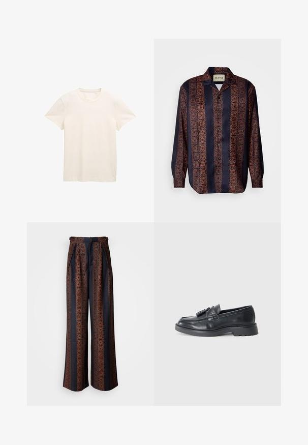 Kremo spalvos medvilninis marškinėliai su trumpomis rankovėmis, apvaliu iškirpimu ir šiek tiek tekstūruotu audiniu. Nėra matomų raštų ar grafikos.; Tamsiai mėlyna mygtukų marškiniai su gėlių geometriniu raštu oranžinės atspalviuose. Turinti apykaklę ir ilgomis rankovėmis su mygtukais.; Plati kelnės tamsiai mėlynos spalvos audinyje su sudėtingu oranžiniu geometriniu raštu, su surinktu priekiu ir prigludusia juosmens linija.; Juodi odiniai loafersai su apvaliu nose, juostele su kutais ir storesniu padu su raštu. Lygus paviršius ir klasikinis dizainas.