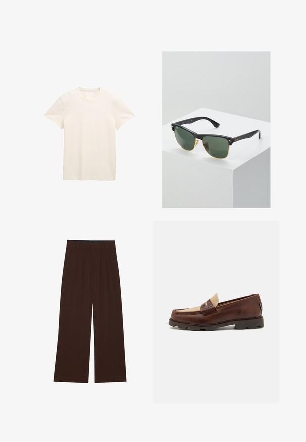 Tricou din bumbac de culoare crem, cu mâneci scurte, guler rotund și o țesătură ușor texturată. Fără modele sau grafică vizibile.; Pantaloni maro, cu picioare largi, cu pliuri. Realizați dintr-un material neted, având o talie cusută și buzunare laterale. Tiv plat la baza.; Loaferi din piele maro cu un accent din pânză taupe, detalii cusute și o talpă din cauciuc texturat, proiectați pentru confort și durabilitate.; Ochelari de soare Ray-Ban cu lentile verzi, rame din plastic negru și accente aurii pe margini. Formă pătrată cu un finisaj mat.; Geantă de umăr din piele maro, cu un capac frontal plat, două curele, accente din hardware auriu și o curea de umăr reglabilă.