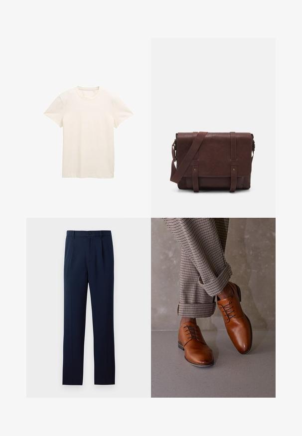 Cremefarvet bomulds-t-shirt med korte ærmer, rund halsudskæring og et let struktureret stof. Ingen synlige mønstre eller grafik.; Mørkeblå bukser lavet af glat stof, med en enkelt knaplukning, læg og lige ben. Minimalistisk design uden bemærkelsesværdige mønstre.; Brune lædersko har en rund tå, fem hoveder til snørebånd og kontrasterende mørke snørebånd. Bukserne er ternede og opsmøgede ved hængslerne.; Brun læder buddeltaske med en flad frontklap, to remme, guld hardware detaljer og en justerbar skulderrem.