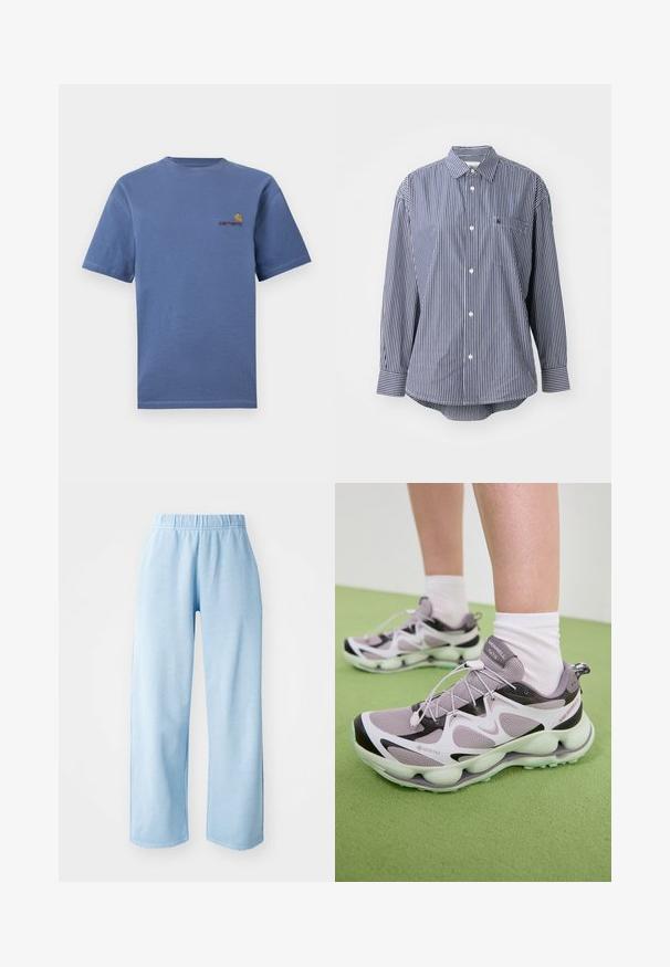 Plava pamučna majica kratkih rukava, s malim crvenim i žutim logotipom na prsima. Jednostavan okrugli izrez s ravnim rubom.; Majica dugih rukava prugasta u plavoj i bijeloj boji s klasičnom ovratnikom, prednjim džepom i zatvaranjem na gumbe. Mekani materijal s glatkom teksturom.; Svijetloplave, široke hlače od elastina. Izrađene od mekog materijala, s glatkom teksturom i bez vidljivih uzoraka ili akcenta.; Svijetloplave GORE-TEX atletske cipele s teksturiranim mrežastim gornjim dijelom, crnim akcentima i oblikovanom potplatom. Sadrži elastične vezice i podstavljeni ovratnik.