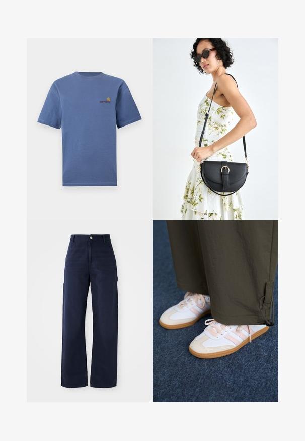 Blaues Baumwoll-T-Shirt mit kurzen Ärmeln, ausgestattet mit einem kleinen roten und gelben Logo auf der Brust. Einfacher Rundhalsausschnitt mit geradem Saum.; Marineblaue, weite Cargo-Hosen aus robustem Baumwollstoff, mit Seitentaschen und einem Knopfverschluss an der Taille.; Weiße Sneakers mit rosa Streifen und Gummisohlen, getragen mit olivgrünen Hosen auf einem blauen texturierten Boden.; Schwarze Lederhandtasche mit geschwungener Form, abnehmbarem Tragegurt und goldenen Beschlägen. Die Tasche verfügt über einen Deckel mit einer Schnallen-Details.